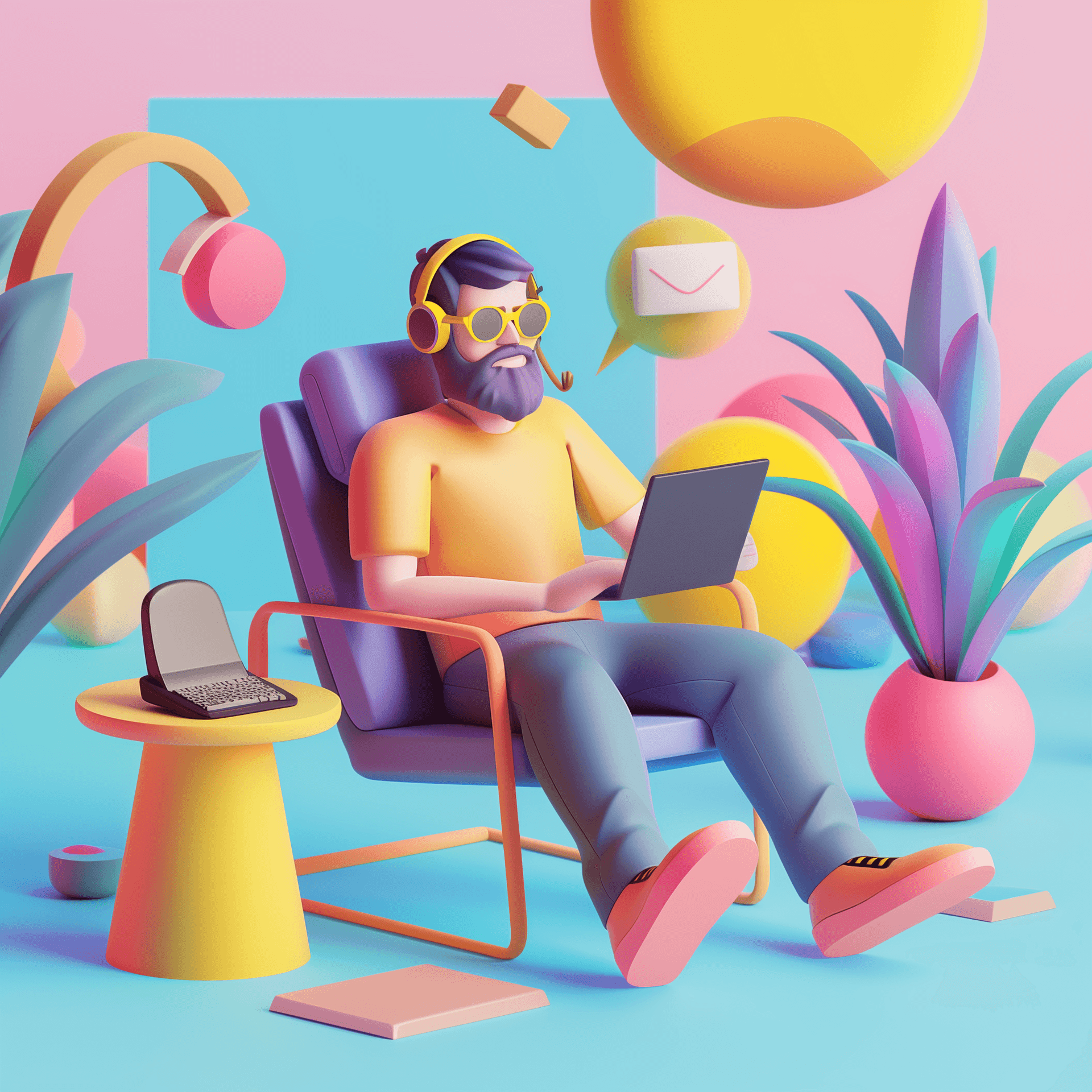 Man sitting on chair with headset and laptop